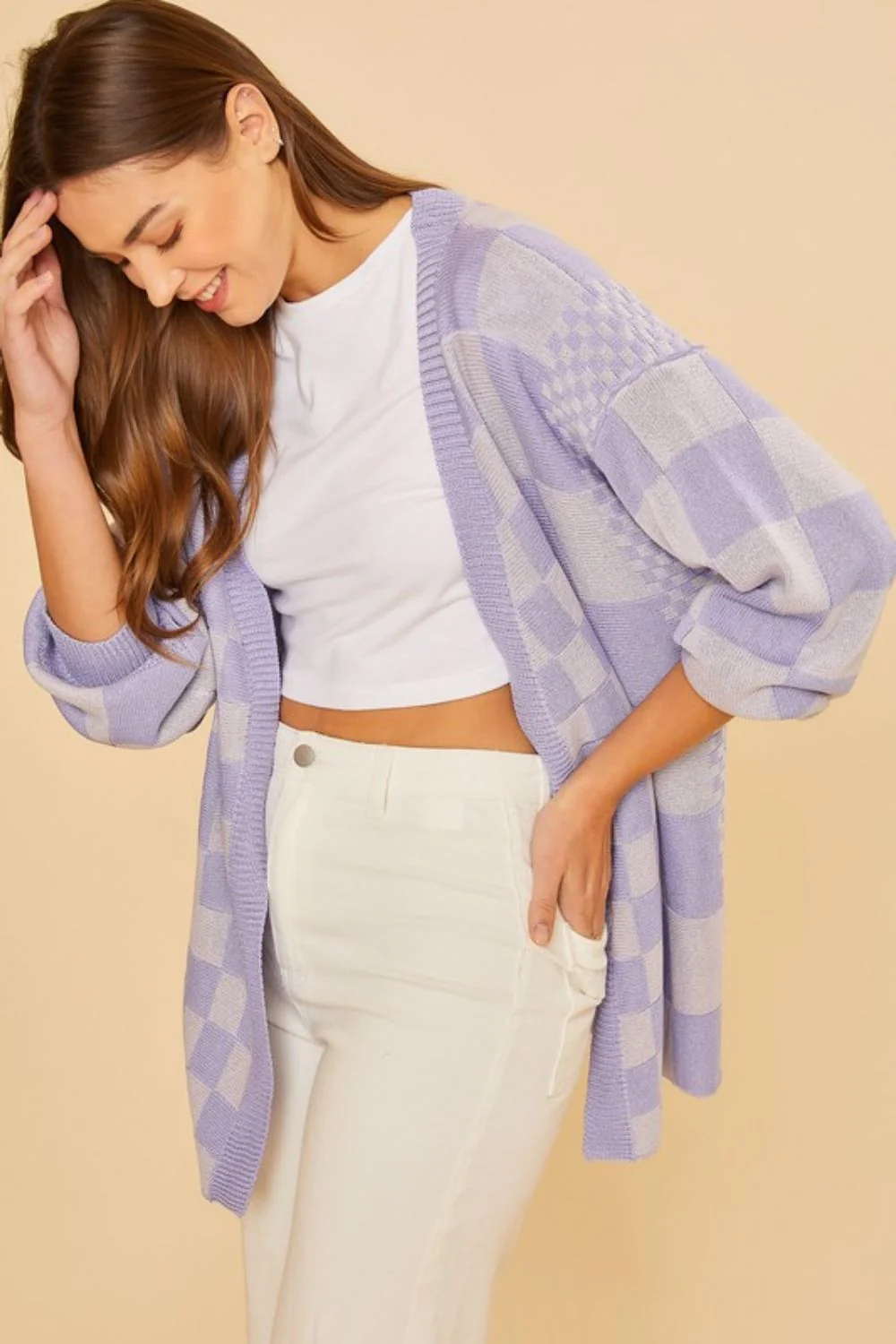 Checkered Open Front Drop Shoulder Cardigan