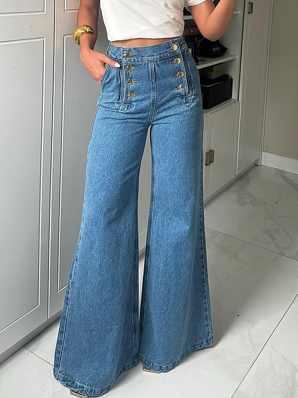 Buttoned Split-Joint High Waisted Loose Jean Pants Bottoms