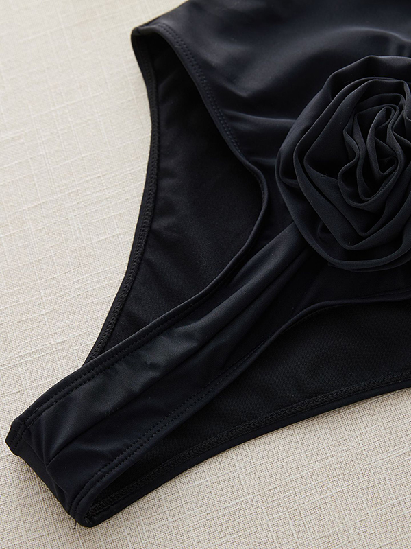 Padded Bandage Flower Shape Hollow Solid Color One-Piece Swimwear