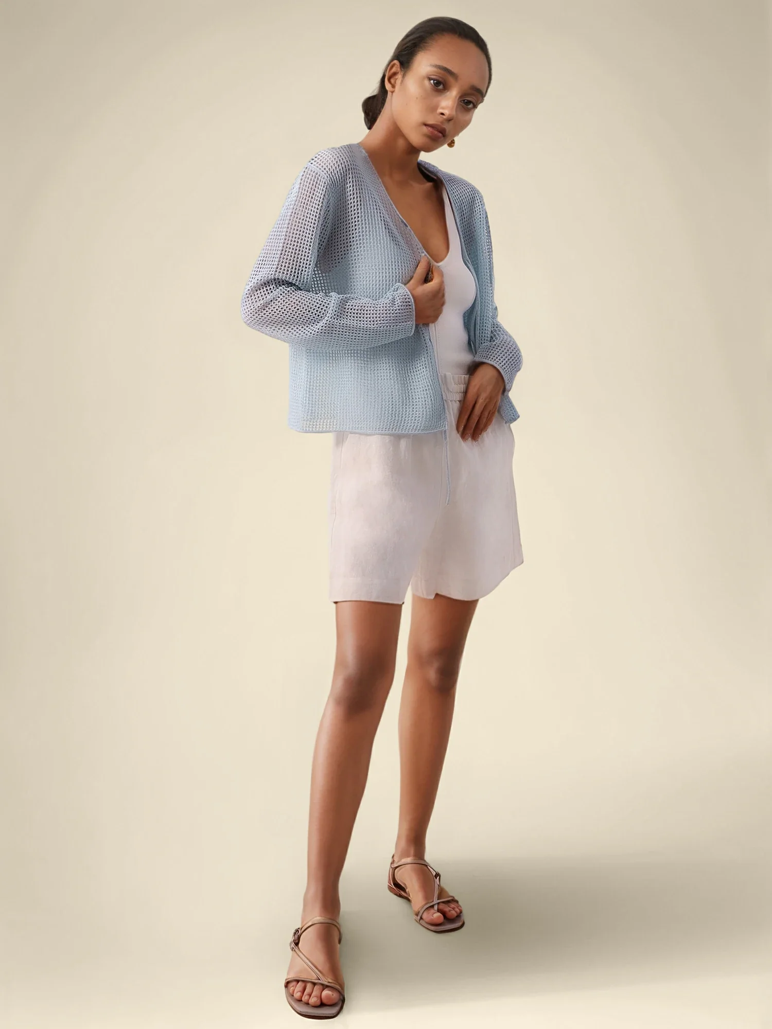 Lyocell & Linen V-Neck Long Sleeve Tie Cardigan