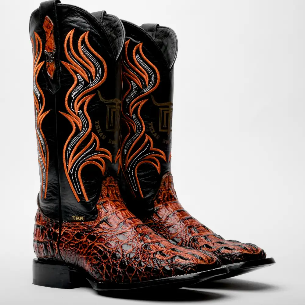 Cognac Caiman Neck Leather Boots - Square Toe