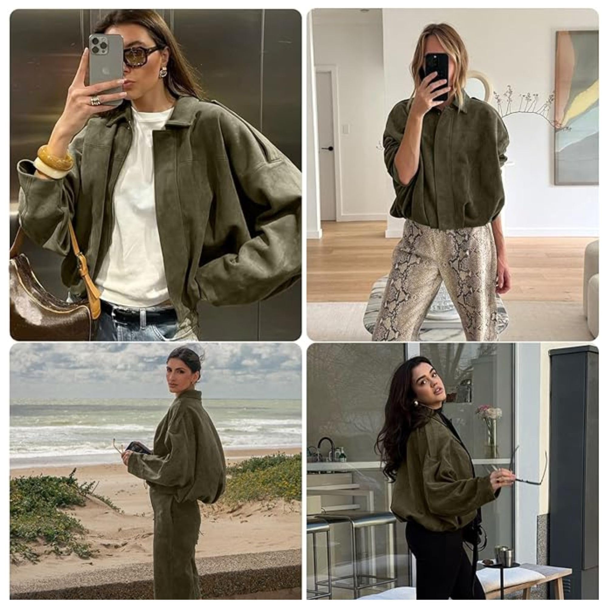Xunger Women's Faux Suede Bomber Jacket Spring Lapel Pilot Coat Casual Oversized Long Sleeves Trendy Streetwear Outerwear