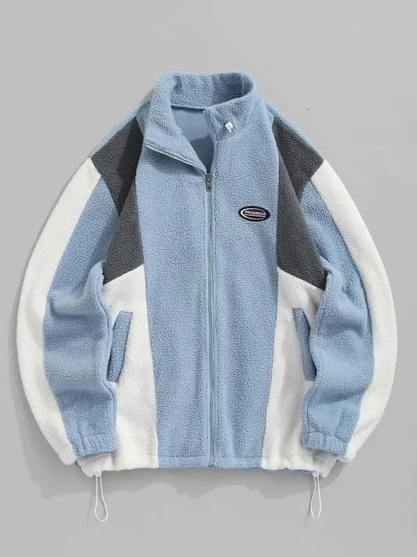 Unisex Colorblock Zip Up Fleece Jacket with Pockets