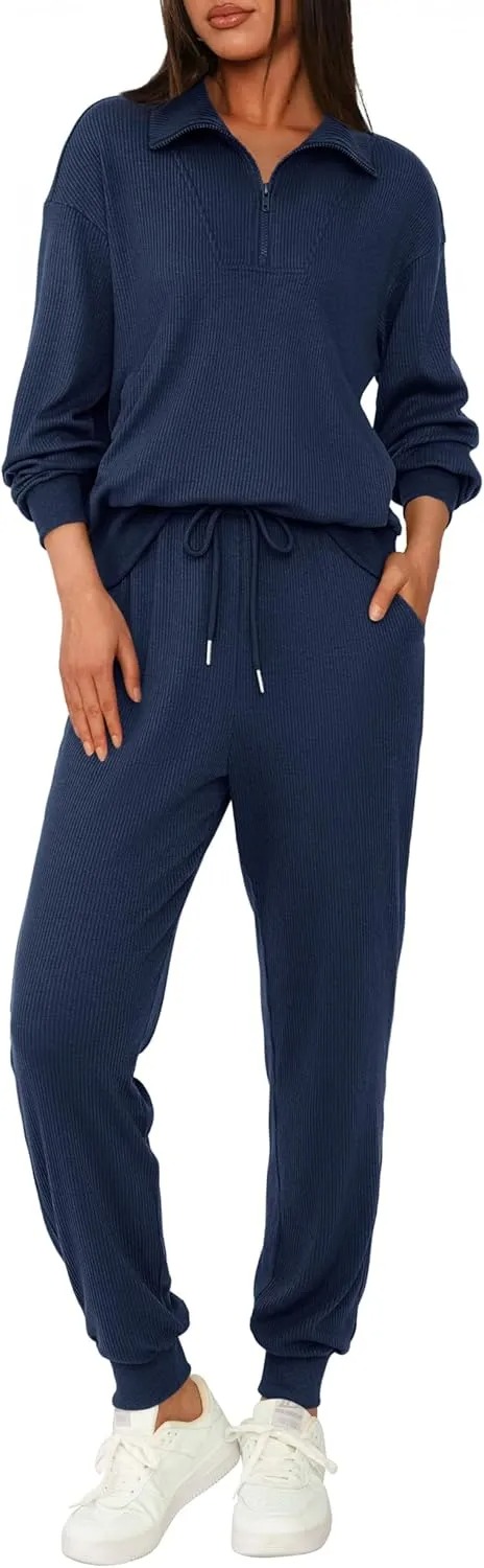 Women's Long Sleeve Half Zip Sweatshirt Sweatpants Lounge Set Sweatsuits with Pockets
