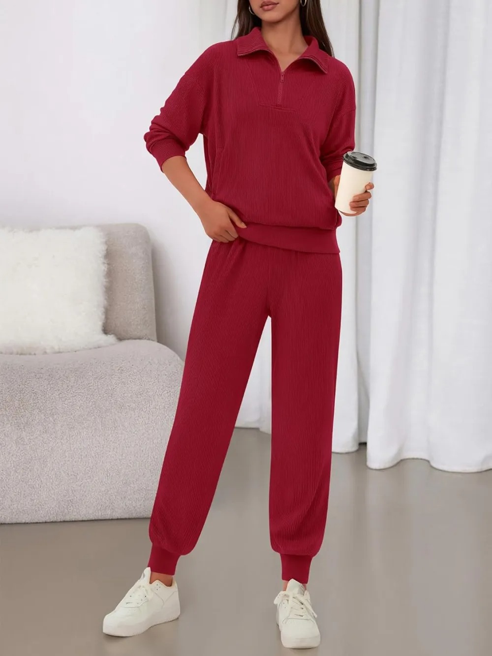 Women's Long Sleeve Half Zip Sweatshirt Sweatpants Lounge Set Sweatsuits with Pockets