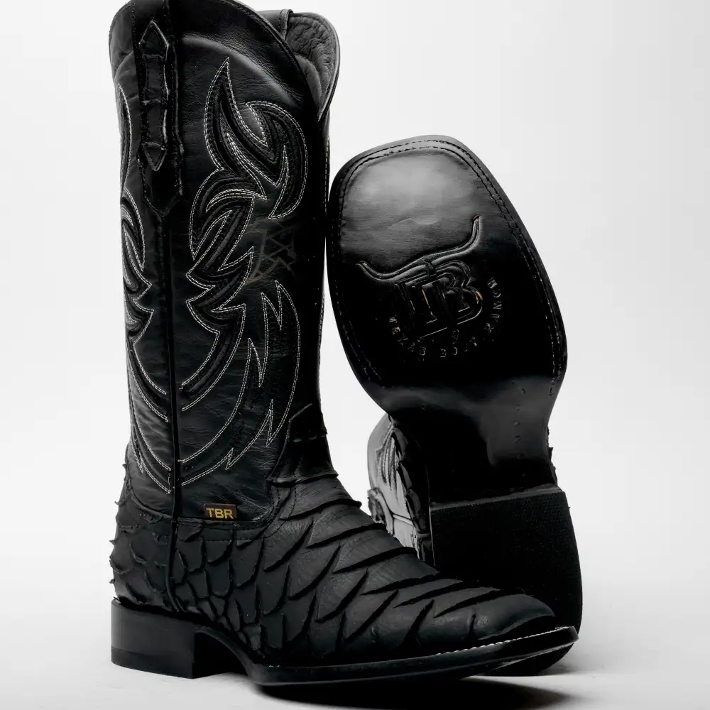 Black Jumbo Python Leather Boots - Square Toe
