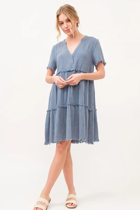 Washed Frayed Detail Tiered Dress