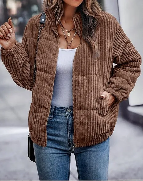 Women's Bomber Jacket Corduroy Ribbed Quilted Zip Up Long Sleeve Winter Coat Fall Outerwear Tops with Pockets