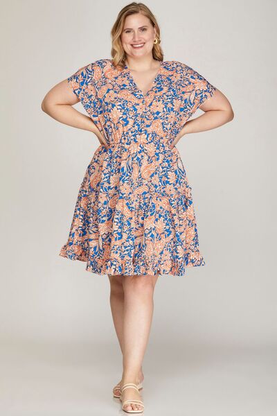 Ruffled Hem Printed Surplice Kimono Sleeve Mini Dress Plus Size