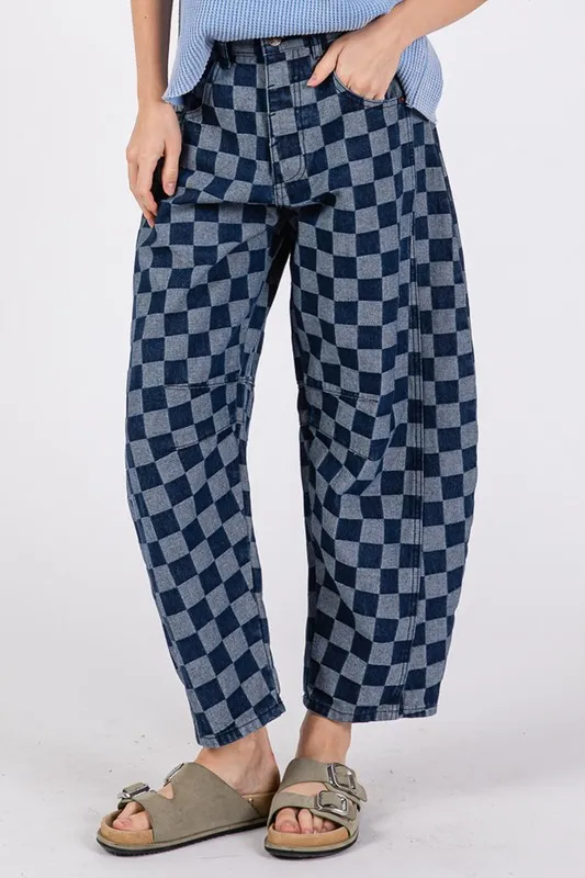 Barrel Style Leg Checkered Print Jeans