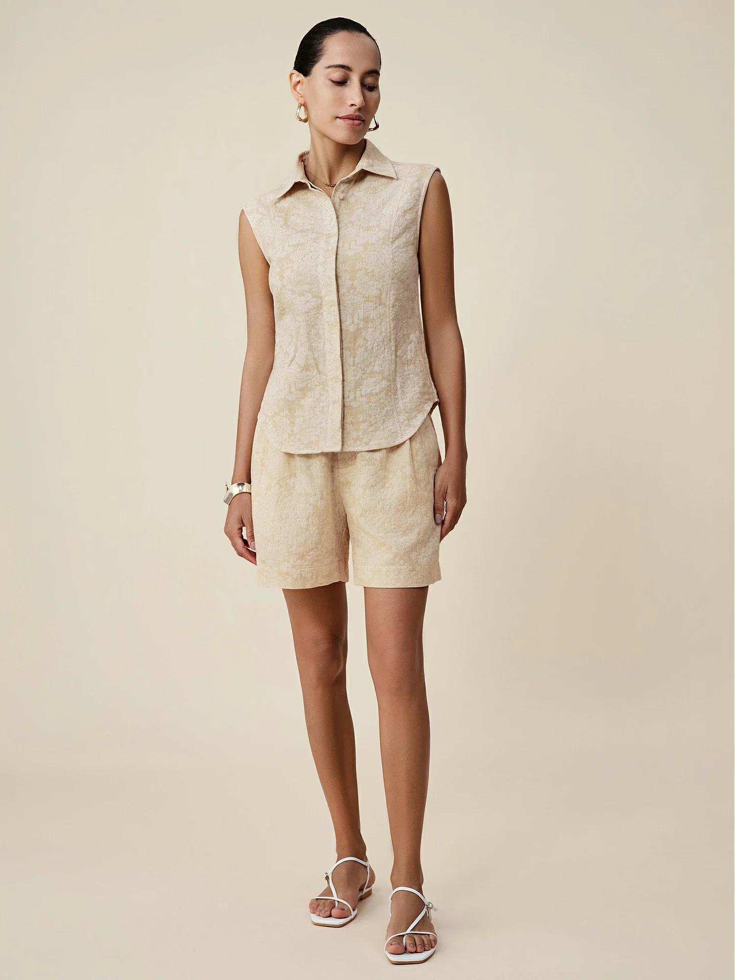 Cotton & Linen Lapel Sleeveless Jacquard Shirt