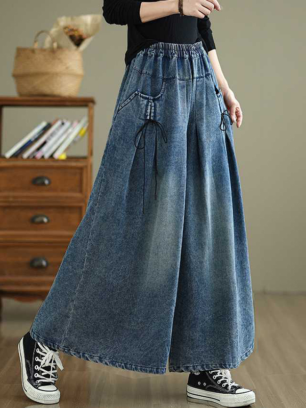 Elasticity Pleated Pockets High Waisted Loose Jean Pants Bottoms