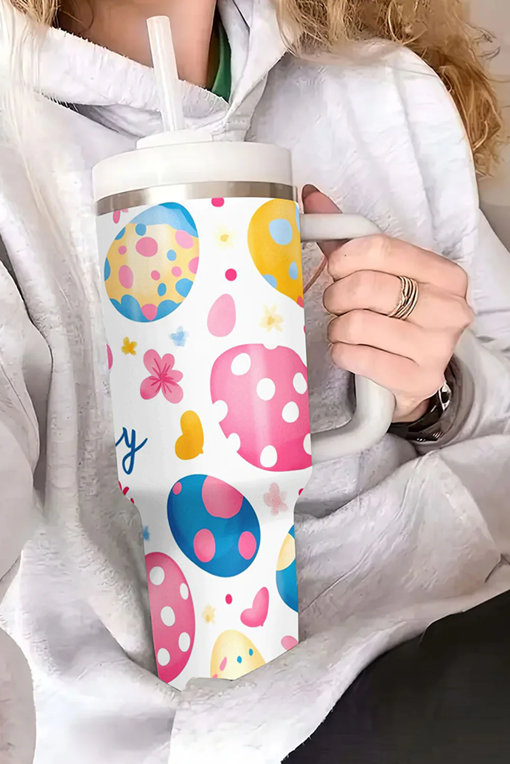 White Happy Easter Bunny Eggs Printed Thermal Tumbler