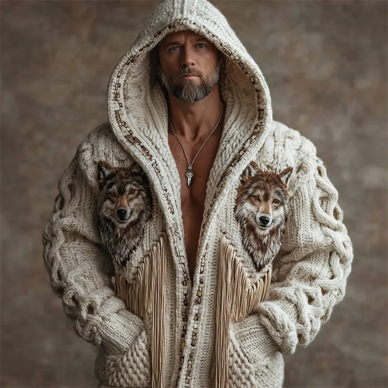 Men's Vintage Western Wolf Tassels Chunky Hooded Cardigan