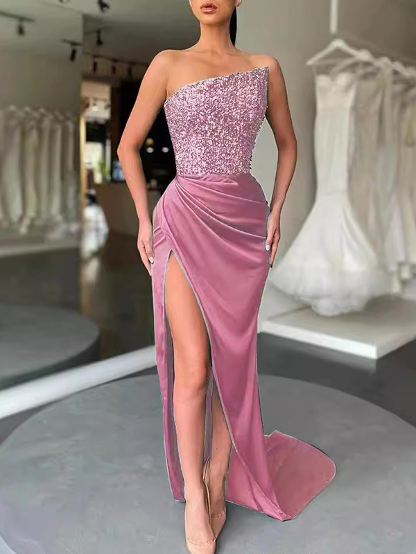 Shiny Sequinned Off-The-Shoulder Sleeveless Asymmetric Split-Side Wrap Evening Maxi Dresses