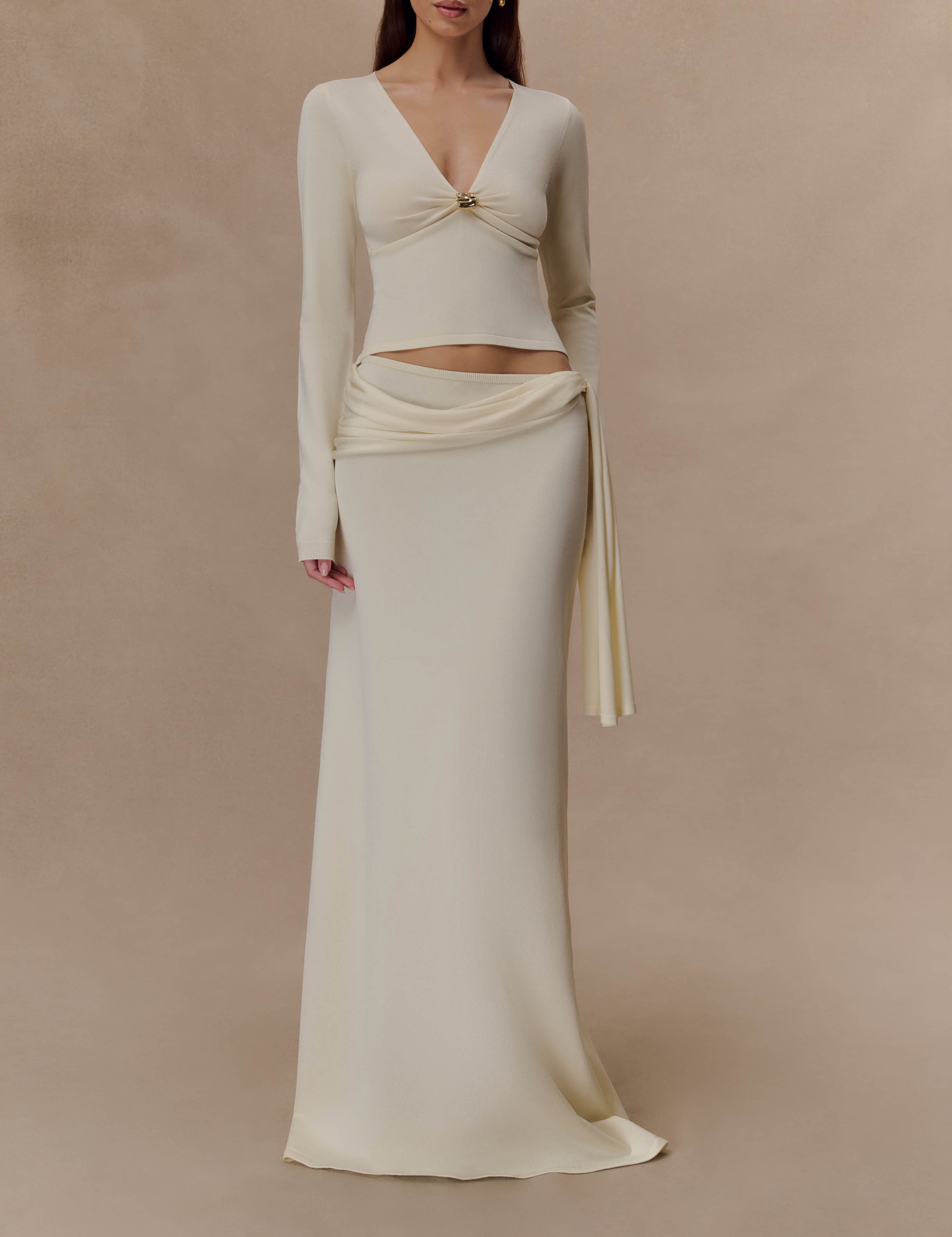 Ivory Front Ruched Knit Long Sleeve Top