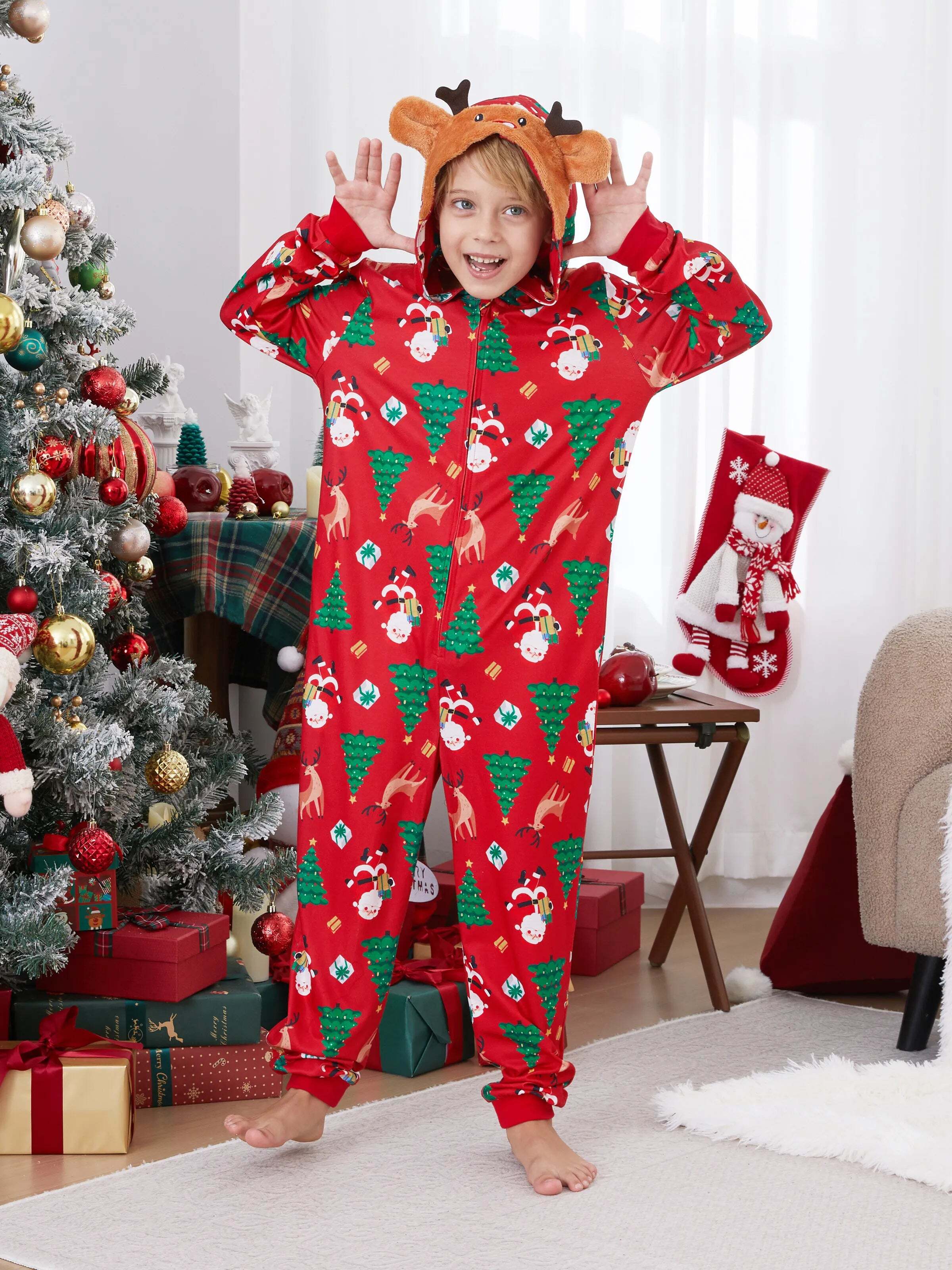 Christmas Family Pajamas Sets 3D Reindeer Hooded Allover Print Onesies with Christmas Socks Red-2