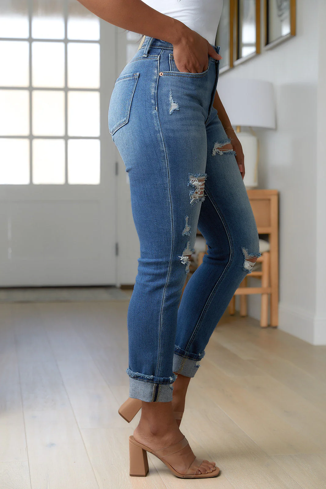 High Rise Distressed Straight Jeans
