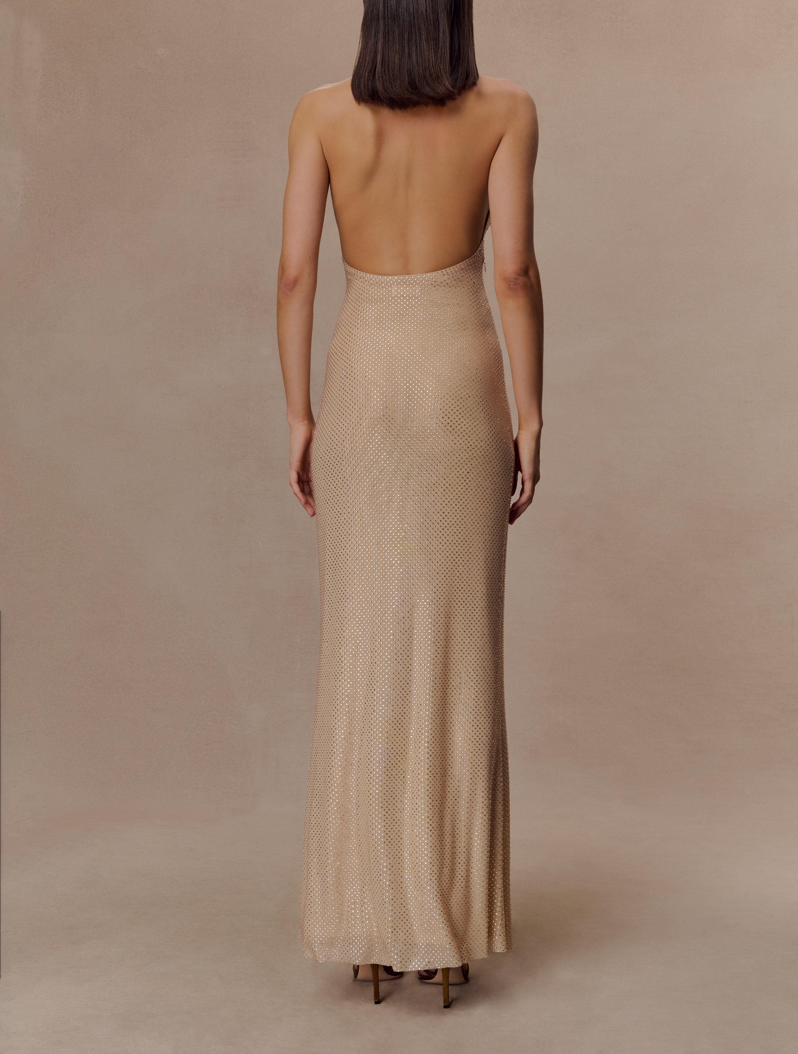 Gold Halter Neck Diamante Maxi Dress