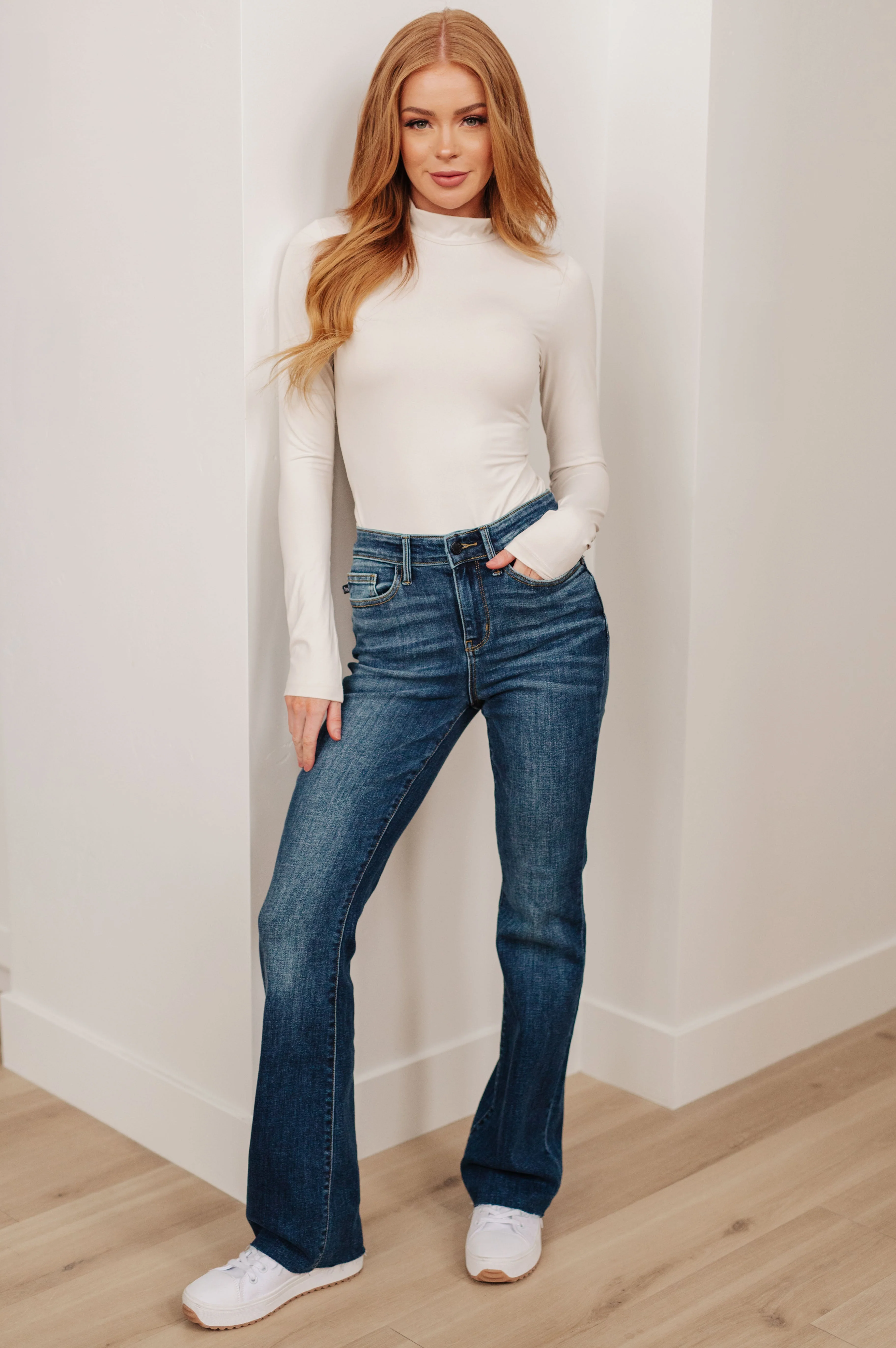 Blue Josephine Mid Rise Raw Hem Bootcut Jeans