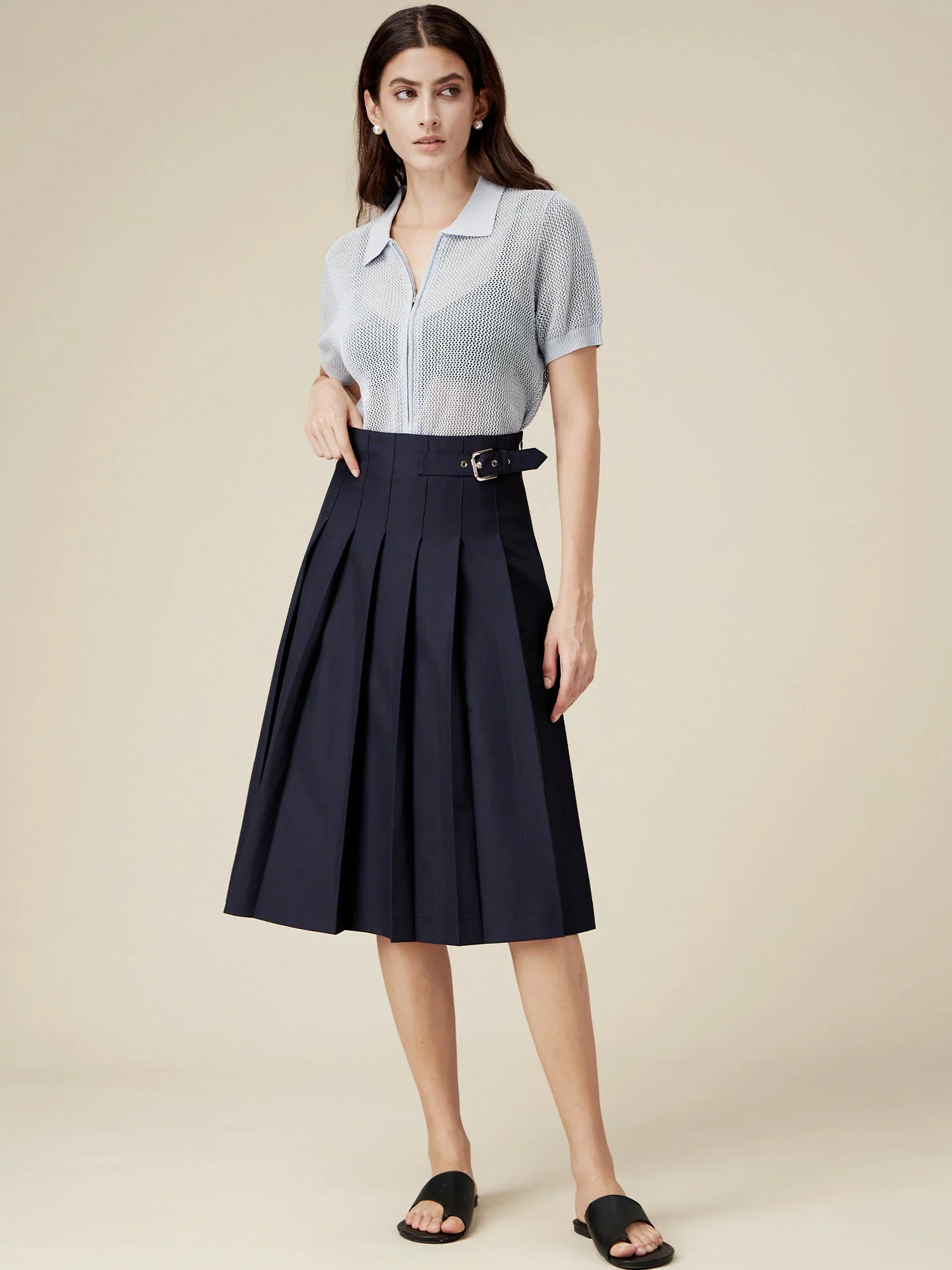 Linen & Lyocell V-Neck Short Sleeve Zipper Hollow Out Cardigan