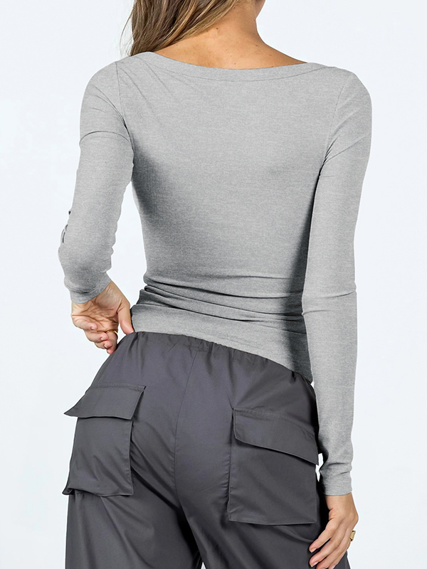 Solid Color Long Sleeves Skinny U-Neck T-Shirts Tops