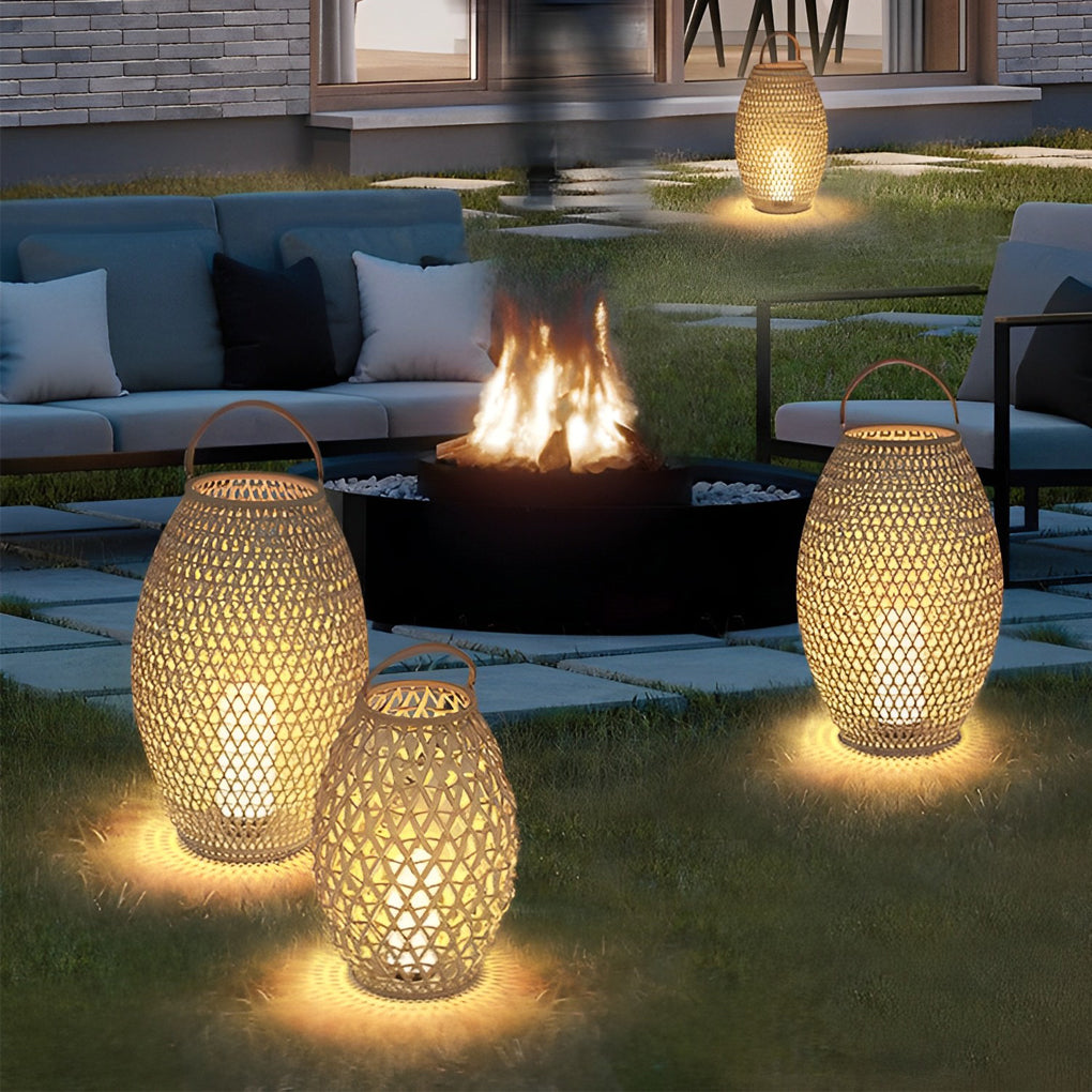 Portable Bamboo Rattan Lanterns Shape Waterproof LED Modern Lawn Light