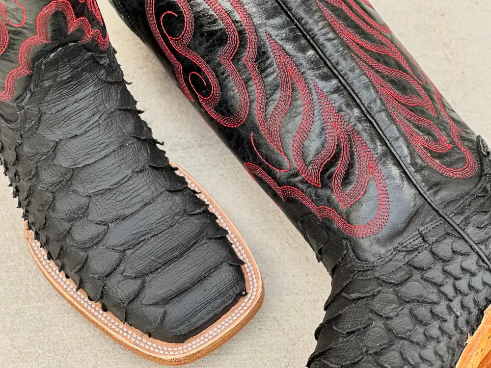 Mens Black Matte Python Leather Boots With Black Shaft