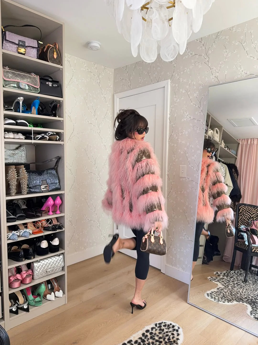 Pink Ribbed Sleeve Eco-Friendly Fur Coat