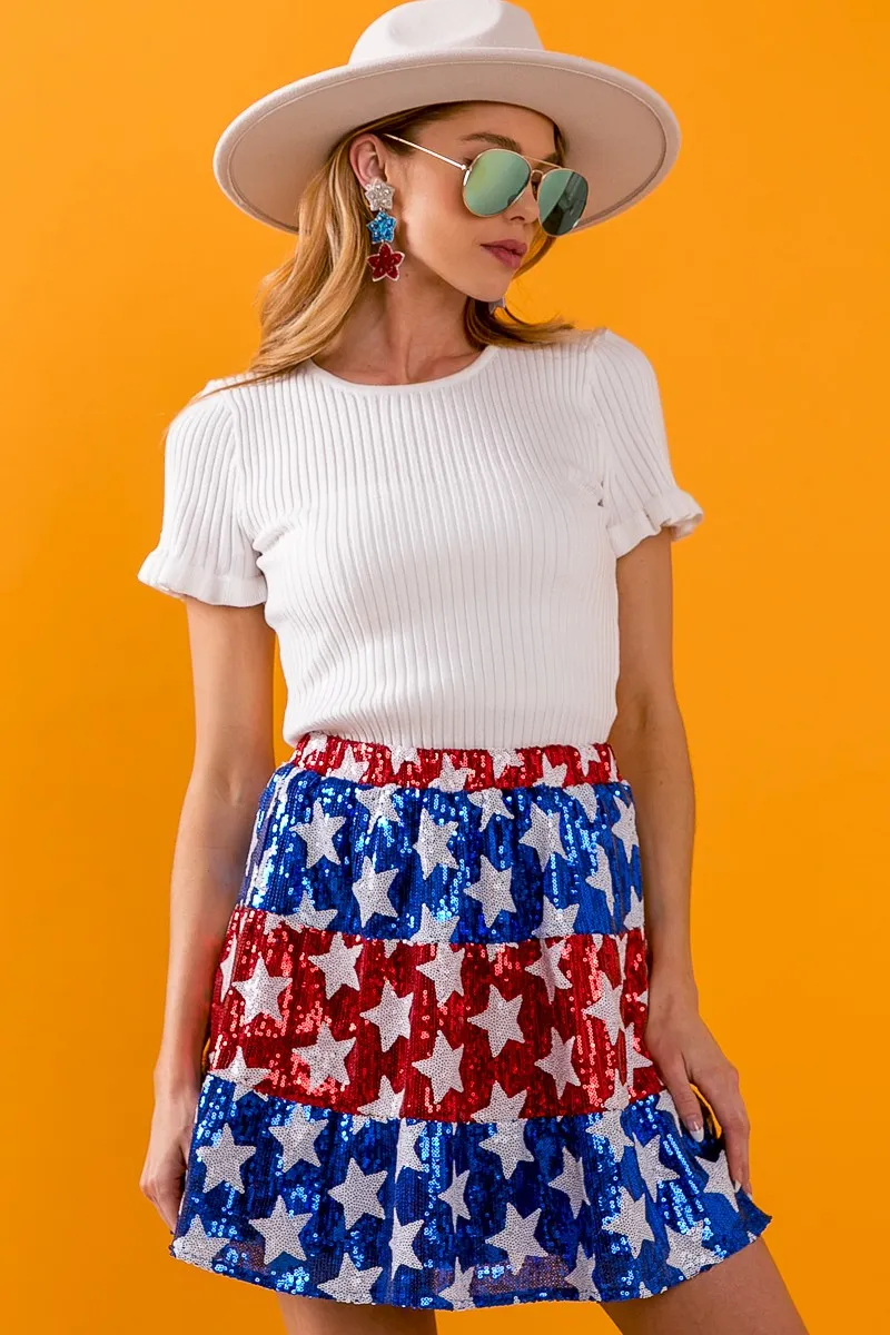 American Flag Theme Star Sequin Tiered Skirt