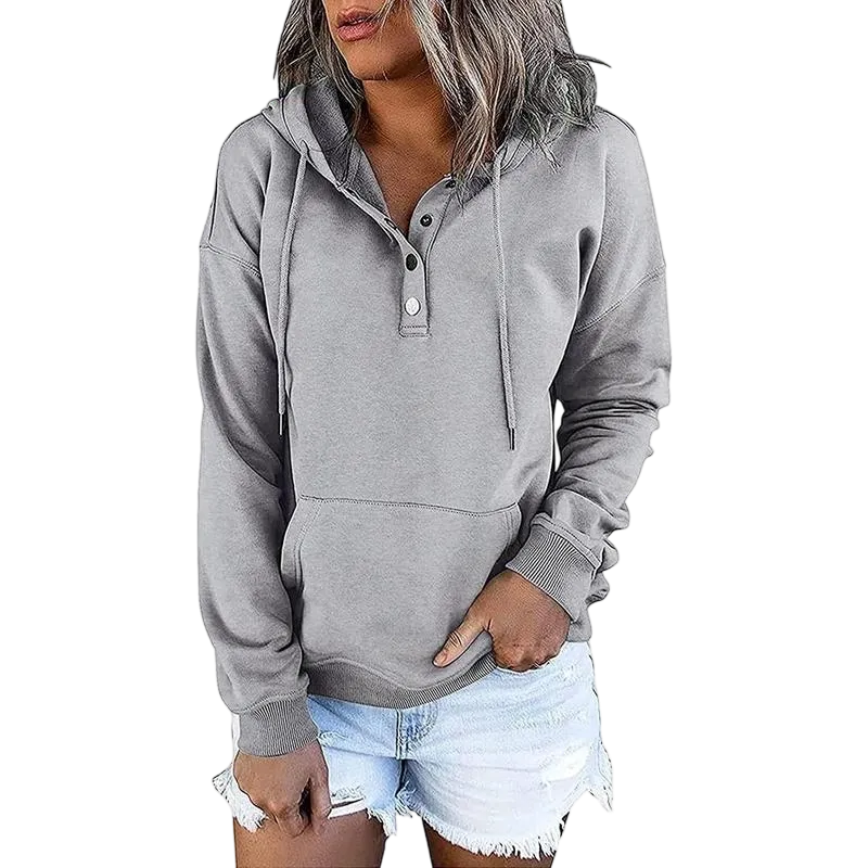 Womens Hooded Button Collar Drawstring Hoodies Pullover Sweatshirts