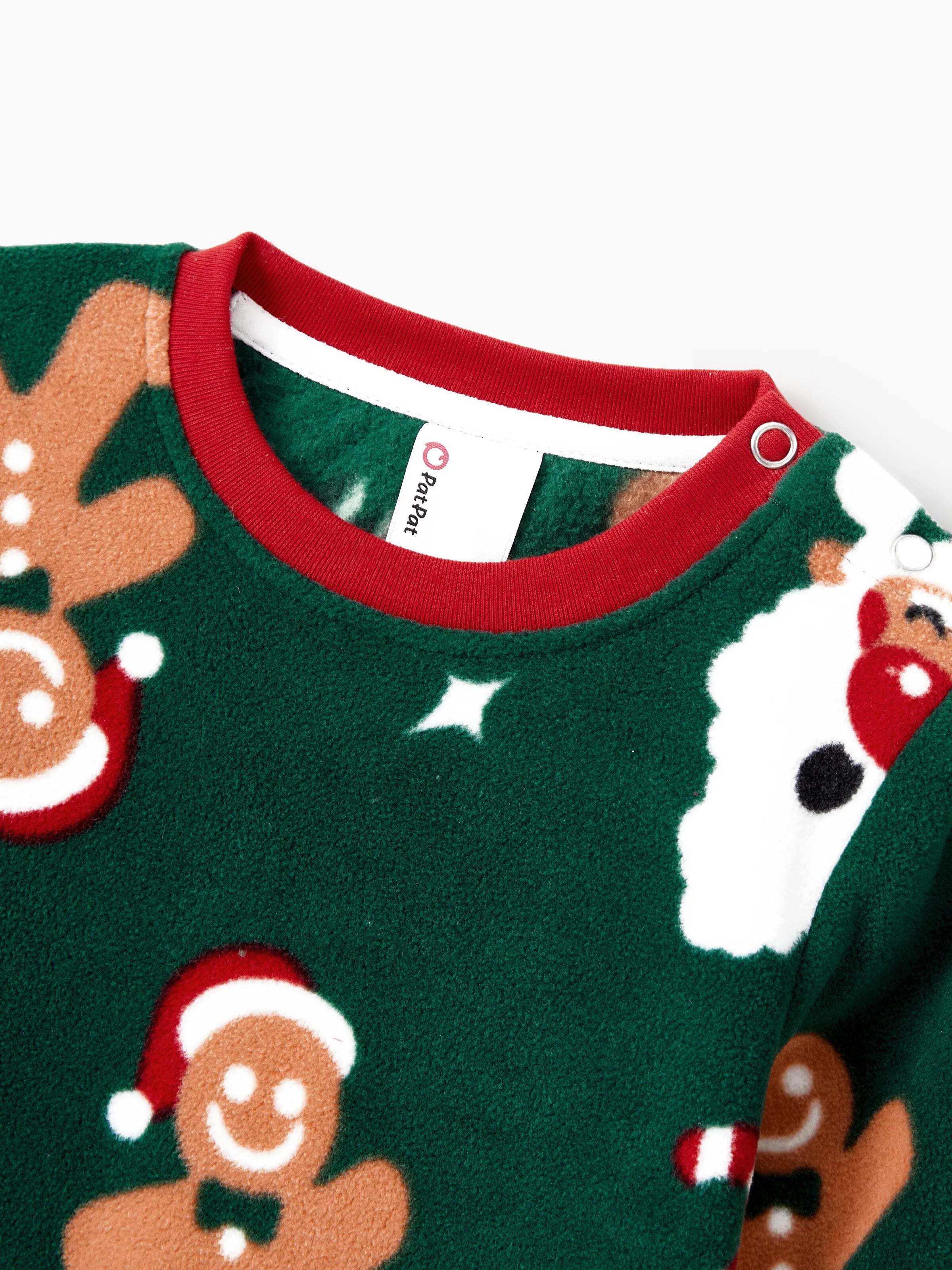 Christmas Pajamas Family Matching Fleece Gingerbread Man Long Sleeves Pajamas Sets with Christmas Socks Dark Green