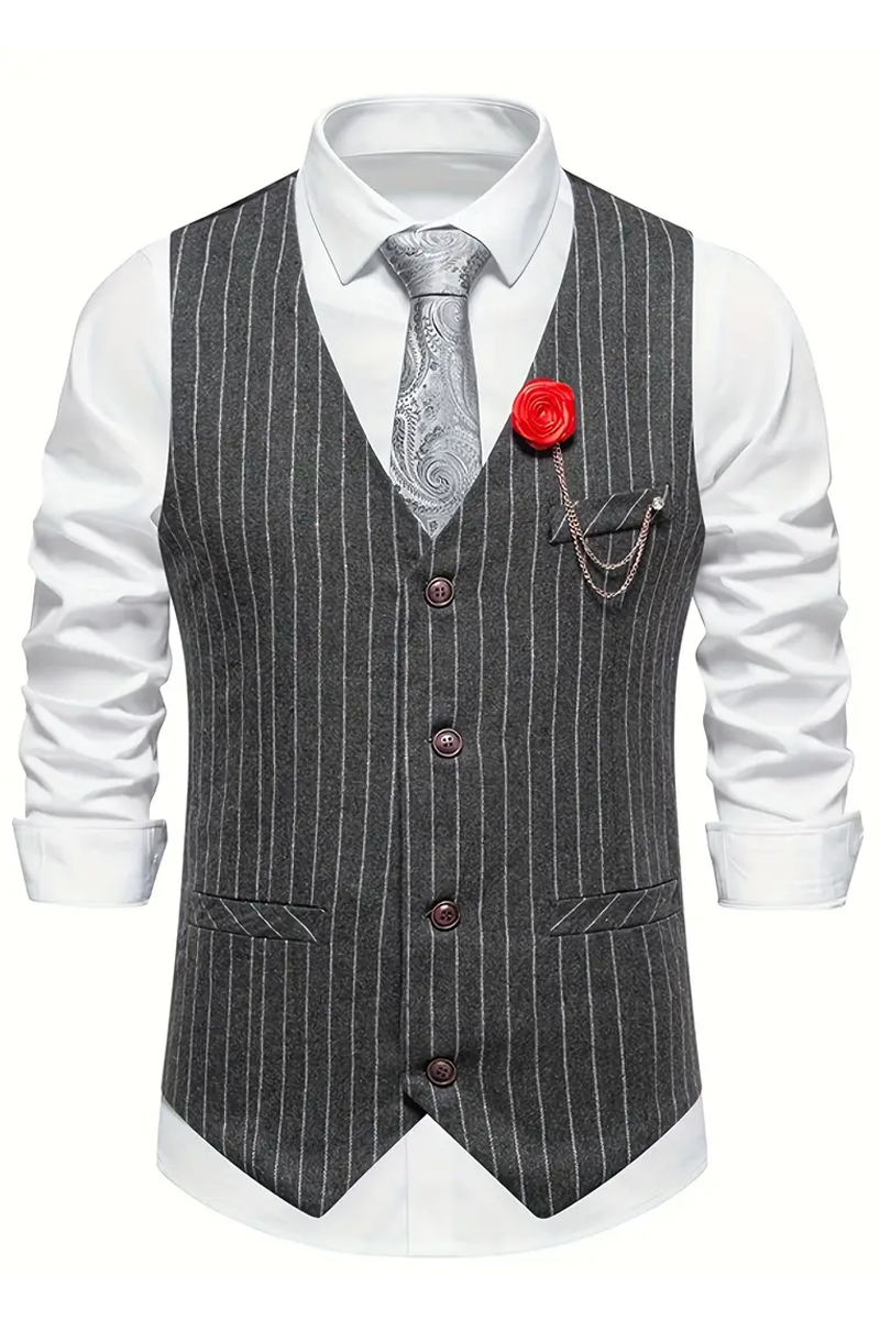 Pinstripe Pattern With A Red Rose Brooch And Chain Pocket Single-Breasted Suit Vest