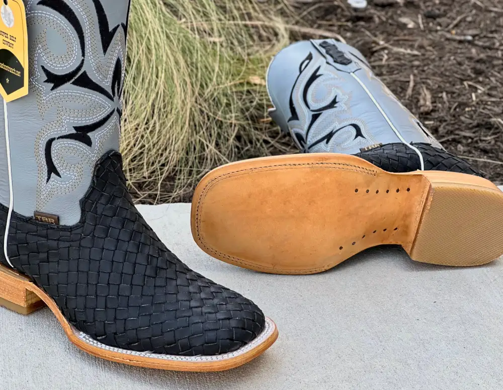 Mens Black Basket Woven Boots With Grey Shaft