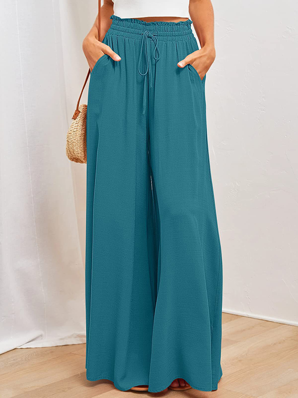 Drawstring Elasticity Pleated Pockets Solid Color High Waisted Loose Trousers Pants