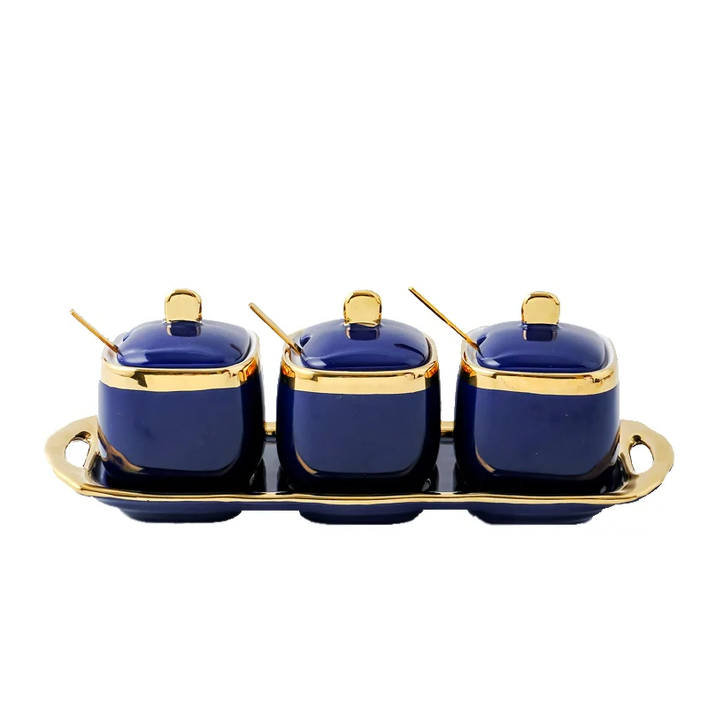 3PC Nordic Color-Glazed Ceramic-Gold Trim Serving Jars