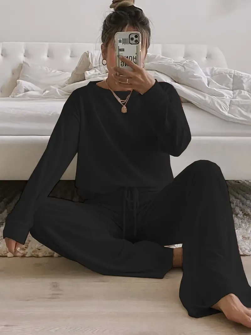 Women's Solid Casual Lounge Set, Long Sleeve Round Neck Top & Elastic Drawstring Pants, Comfortable Relaxed Fit For Fall