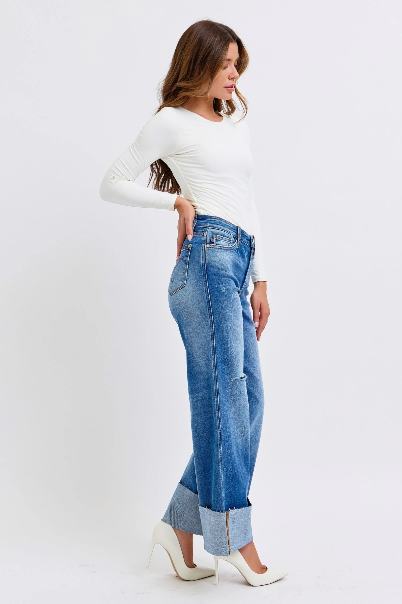 Blue Full Size Distressed High Waist Wide Leg Jeans