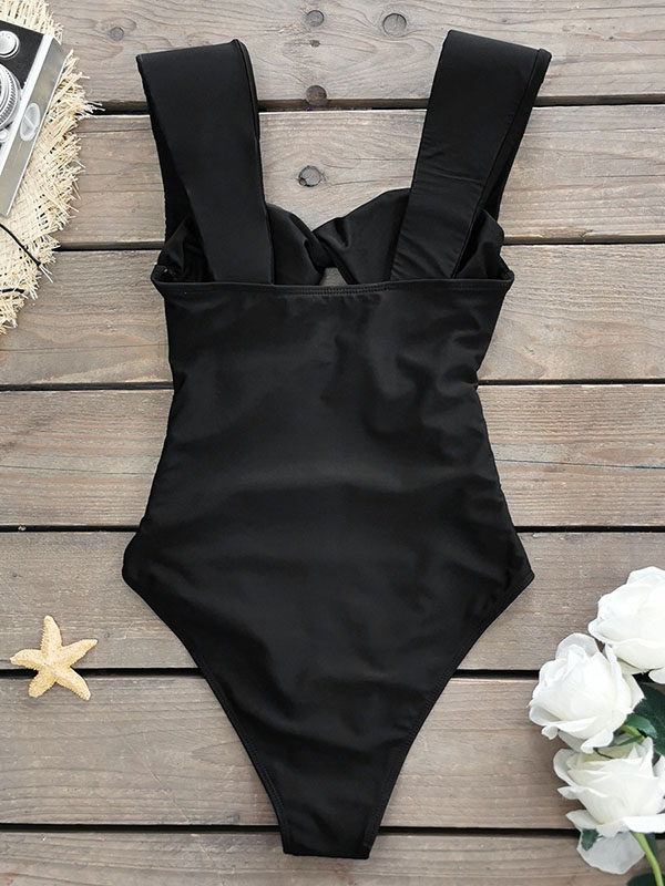Padded Bowknot Hollow Solid Color One-Piece Swimwear