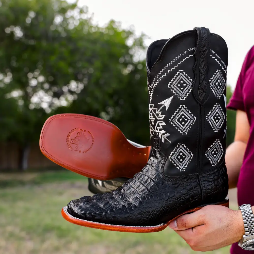 Black Caiman Neck Leather Boots - Square Toe