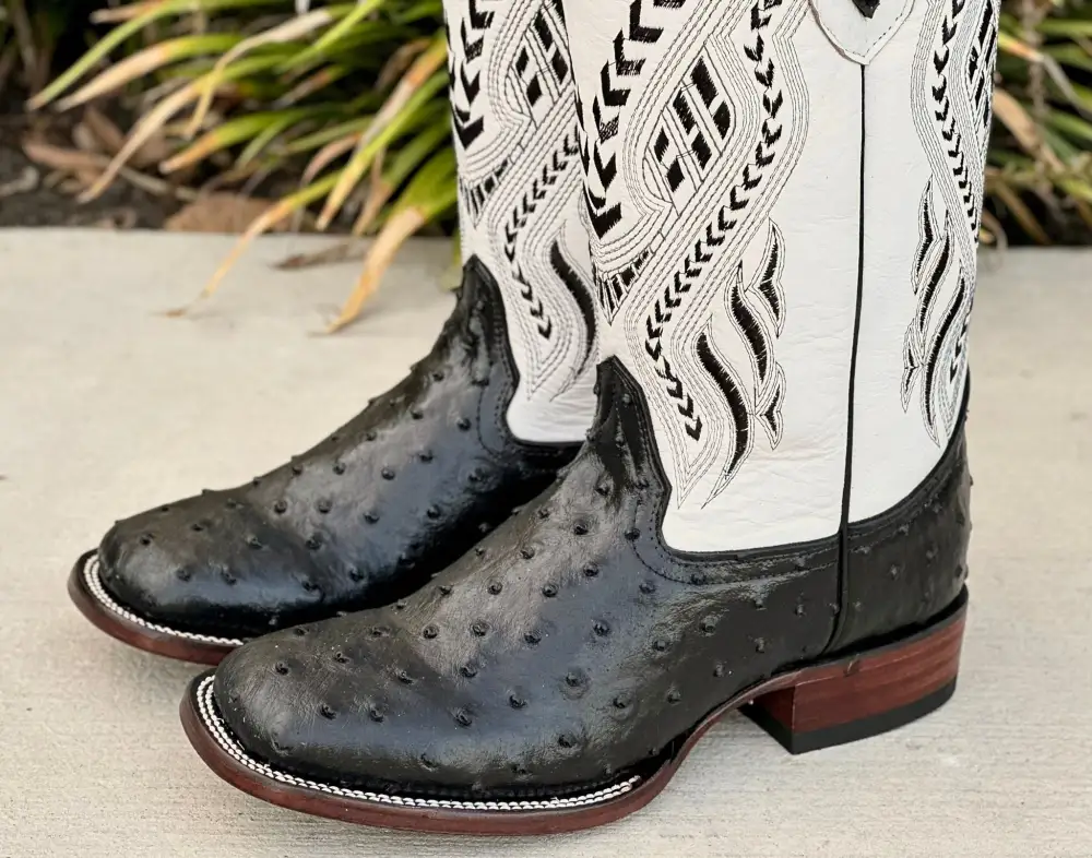 Mens Black Ostrich Leather Boots With White Shaft