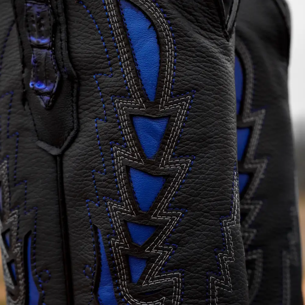 Black/Royal Blue Caiman Hornback Leather Boots - Square Toe