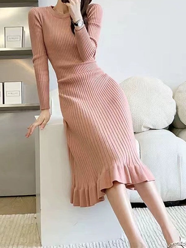 Ruffled Solid Color Long Sleeves Loose Round-Neck Sweater Dresses Midi Dresses