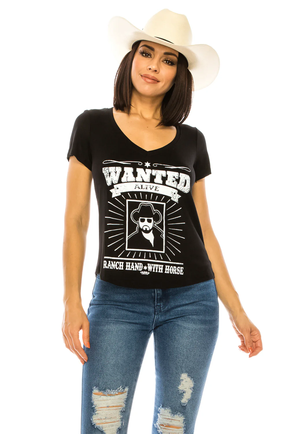 WANTED RANCH HAND SHORT SLEEVE TOP V-NECK