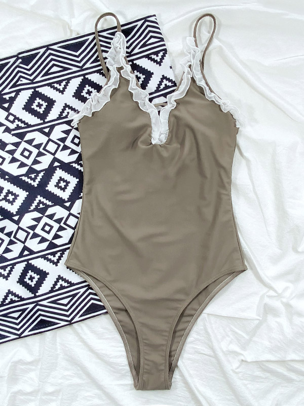 Lacy Solid Color Spaghetti-Neck Slim One-Piece Swimwear