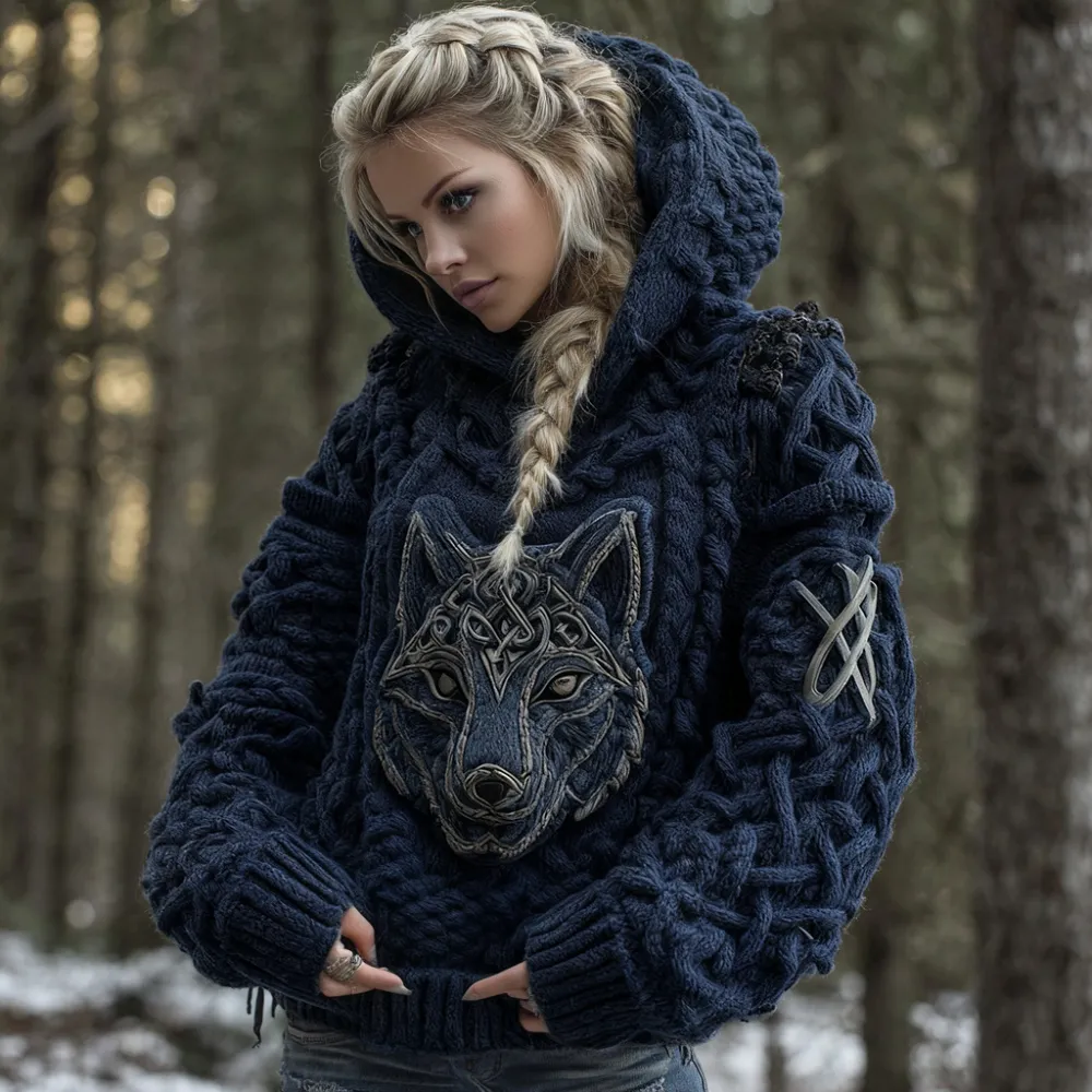 Women's Viking Celtic Wolf Knit Jacquard Warm Hooded Sweater