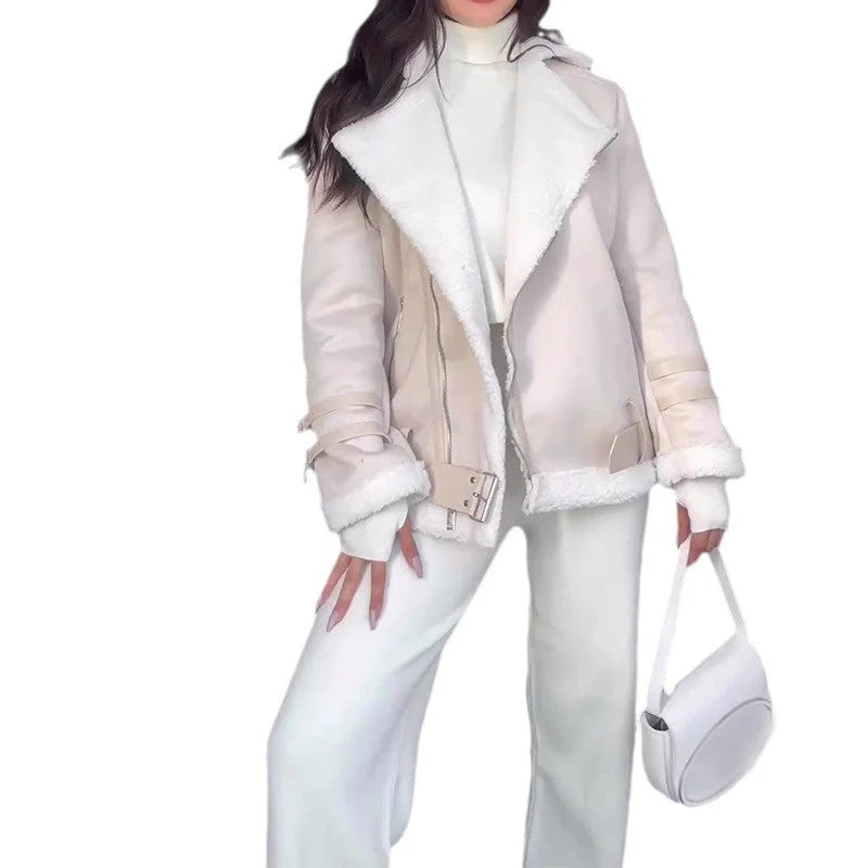 Leather jacket with faux lambskin for women