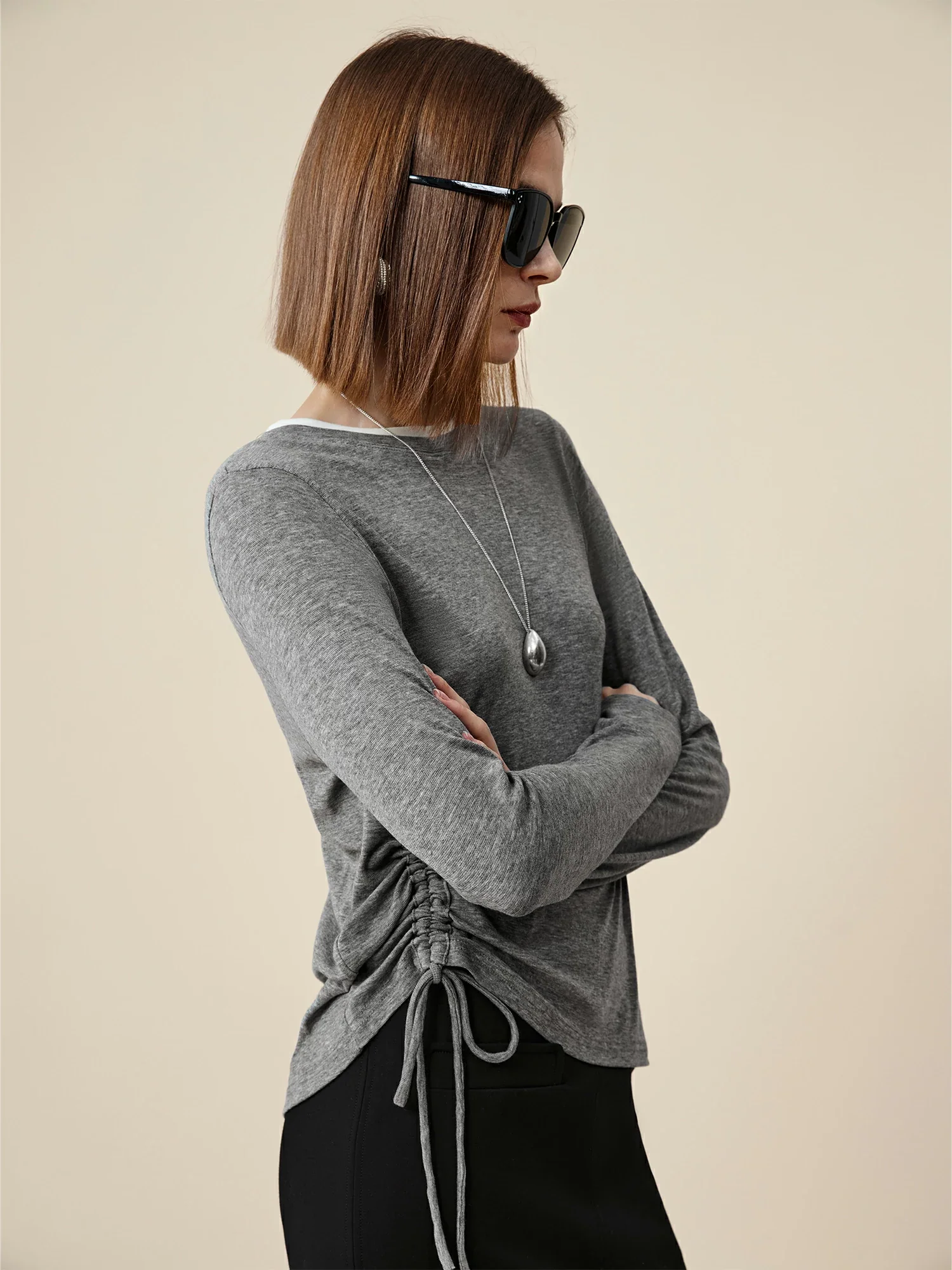 Lyocell & Wool Round Neck Long Sleeve Drawstring T-Shirt