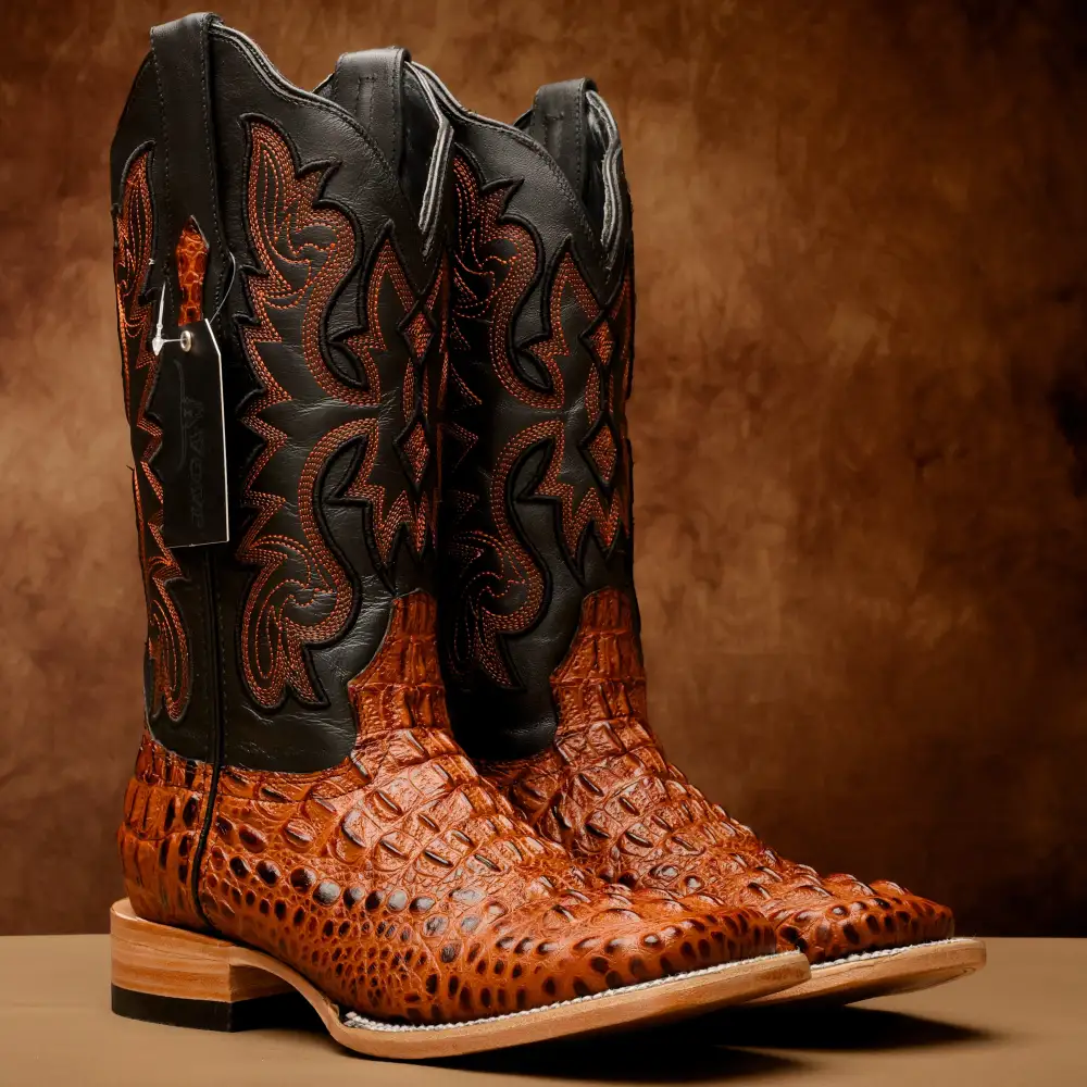 Cognac Caiman Neck Leather Boots - Square Toe