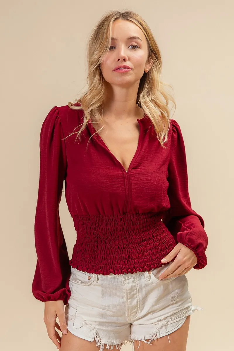 Smoking Waist Band and Puff Sleeves Deep V Neck Top